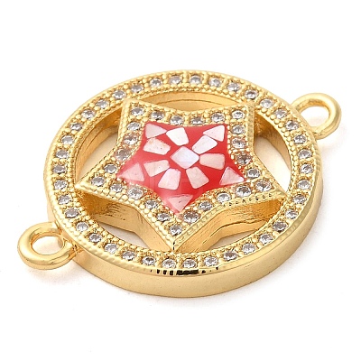 Rack Plating Brass Micro Pave Clear Cubic Zirconia Ring with Star Links Connector Charms KK-K385-086G-1