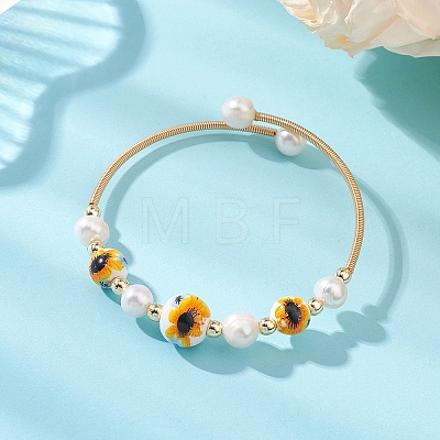 Handmade Porcelain & Natural Cultured Freshwater Pearl & Non-magnetic Synthetic Hematite Beaded Cuff Bangles for Women BJEW-JB14022-02-1