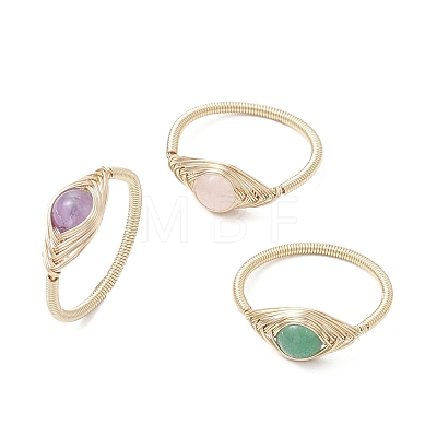 Horse Eye Natural Green Aventurine & Amethyst & Rose Quartz Finger Rings RJEW-JR00843-01-1