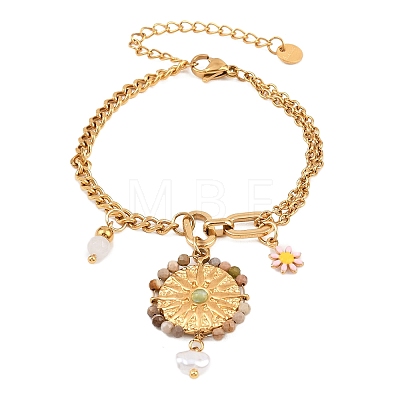 Flat Round & Flower 304 Stainless Steel & Enamel Charm Bracelets BJEW-P375-02G-1