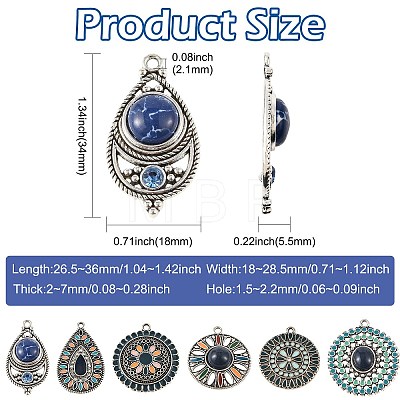 6Pcs 6 Styles Bohemian Alloy with Dyed Natural Gemstone Pendants and Alloy Enamel Pendants FIND-CJ0005-90-1