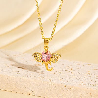 Brass Pave Pink Cubic Zirconia Elephant Pendant Necklaces for Women WGDED3C-03-1