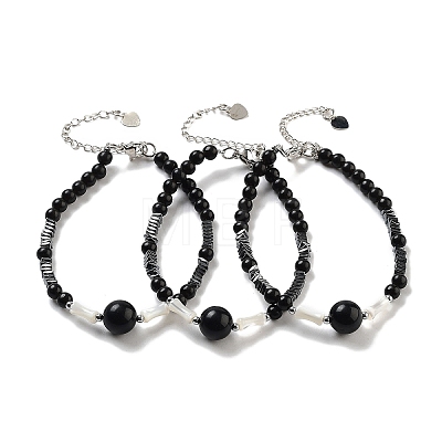 Natural Obsidian Round & Synthetic Non-magnetic Hematite & White Shell Beaded Bracelets for Women BJEW-K251-02D-1