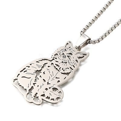 304 Stainless Steel Box Chain Hollow Cute Cat Pendant Necklaces NJEW-S003-09P-1