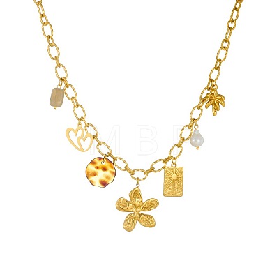 304 Stainless Steel Flower Heart Tree & Plastic Pearl & Resin Disc Multi-Charm Bib Necklaces for Women WG8B7B1-01-1