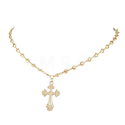 Alloy Cross Pendant Brass Heart Link Chain Necklaces for Women NJEW-JN05617-1
