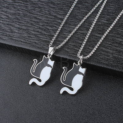 304 Stainless Steel Enamel Black and White Cat Shaped Pendant Box Chain Necklaces for Men WG4CCE4-01-1