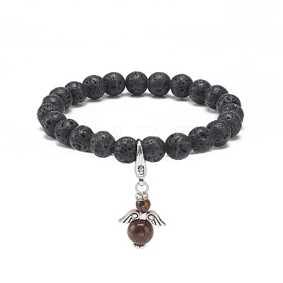 Natural Lava Rock & Gemstone Stretch Bracelet with Alloy Fairy Charms BJEW-JB08730-1