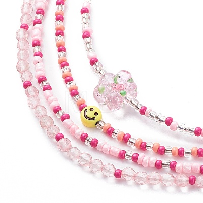 4Pcs 4 Style Smiling Face Flower Acrylic & Glass Seed Beaded Necklaces Set for Women NJEW-JN04015-1