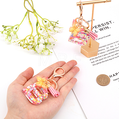 Fashion Alphabet Initial Letter Resin Keychain with Tassel Gradient Butterfly Pendant Key Ring KEYC-WH0027-105B-1