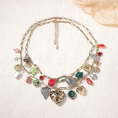Zinc Alloy & Porcelain & Glass & CCB Plastic Flower Heart Lock Pendant Double Layer Bib Necklaces FS-WGC767F-01-1