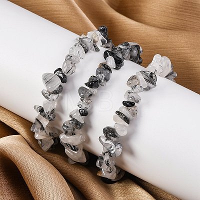 Natural Tourmalinated Quartz/Black Rutilated Quartz Stretch Bracelets BJEW-JB03681-01-1