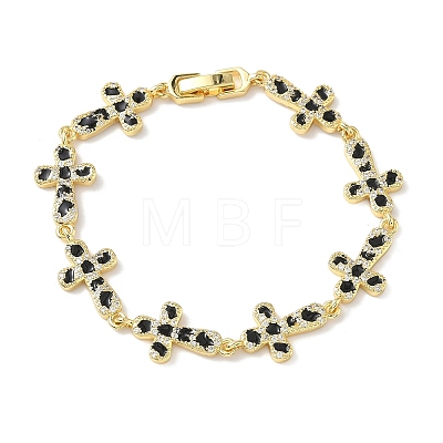 Brass Enamel Micro Pave Clear Cubic Zirconia Cross Link Chain Bracelets for Women BJEW-G764-02G-1