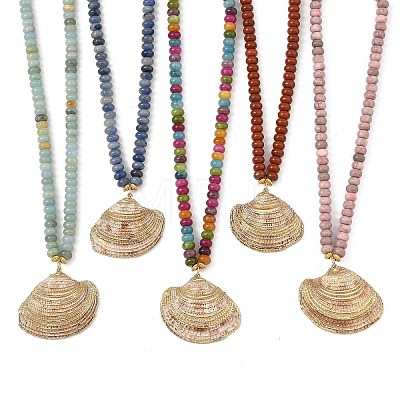 Ocean Electroplated Natural Scallop Shell Pendant Natural Mixed Stone Rondelle Braided Bead Necklaces NJEW-JN06445-1