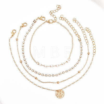 4Pcs 4 Style Alloy Chain Anklets Set with Resin Pearl Beaded and Flat Round Charm SJEW-D009-03KCG-1