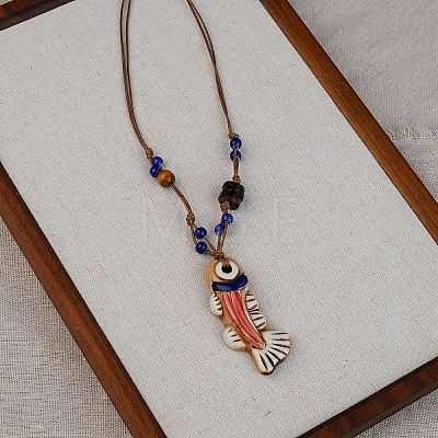 Adjustable Ethnic Handmade Porcelain & Wood Colorful Pendant Waxed Cord Necklaces WG91B87-07-1
