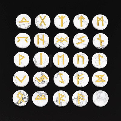 Brass Elder Futhark Alphabet Engraved Symbol Flat Round Natural Howlite Rune Stones G-I373-01F-1