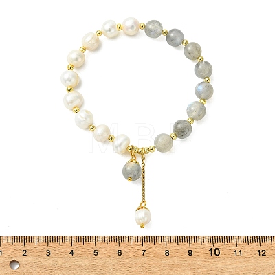 Round Natural Labradorite & Cultured Freshwater Pearl Beaded Charm Bracelets BJEW-JB14061-02-1