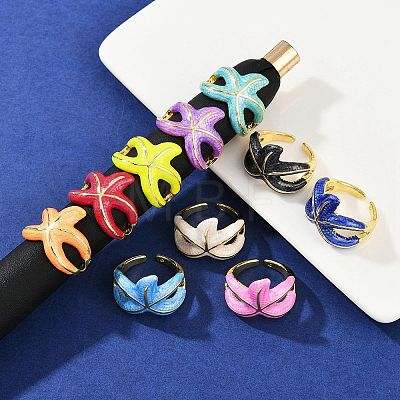 Brass Enamel Adjustable Cuff Rings for Women RJEW-G357-01K-1