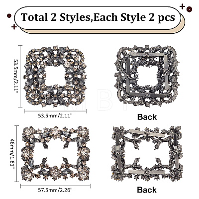 WADORN 4Pcs 2 Styles Square/Rectangle Alloy Rhinestone Detachable Shoe Buckle Clips AJEW-WR0002-31B-1