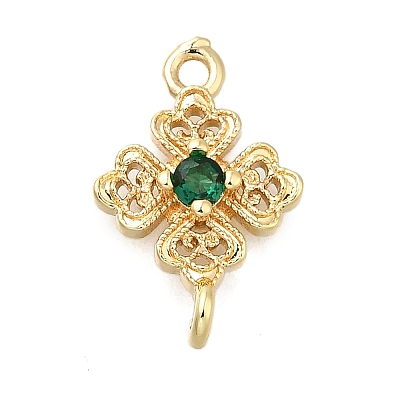 Brass Green Cubic Zirconia Clover Connector Charms KK-Q048-12G-1