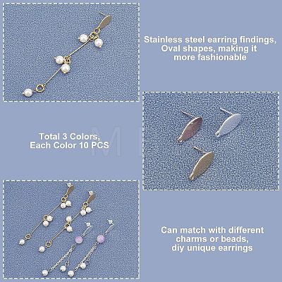 Unicraftale 30Pcs 3 Colors 304 Stainless Steel Stud Earring Findings STAS-UN0017-99-1