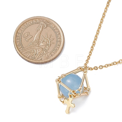 Brass Macrame Pouch Dyed Natural Blue Agate Inside & 304 Stainless Steel Pendant Necklaces for Women NJEW-JN05607-01-1