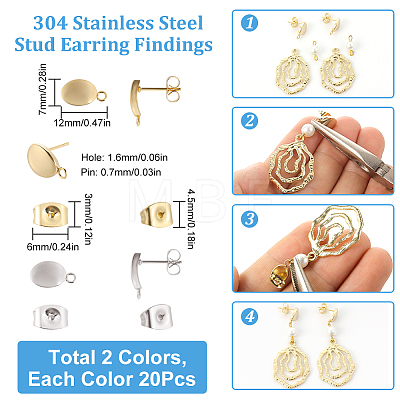 40Pcs 2 Color 201 Stainless Steel Oval Stud Earring Findings STAS-SC0005-29-1