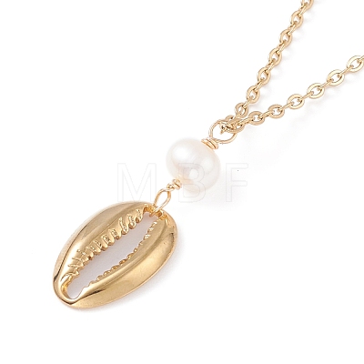 Natural Cowrie Shell Natural Pearl Pendant Necklaces NJEW-JN03745-1