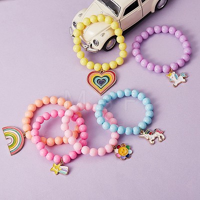 Candy Color Acrylic Round Beads Stretch Bracelets Set with Rainbow Color Enamel Charms for Kids BJEW-PH01488-1