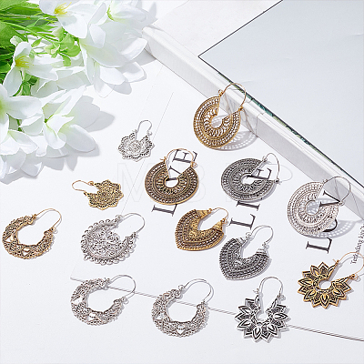 12 Pairs 12 Style Bohemia Hollow Out Heart & Flower & Teardrop & Flat Round Alloy Hoop Earrings EJEW-AN0003-37-1