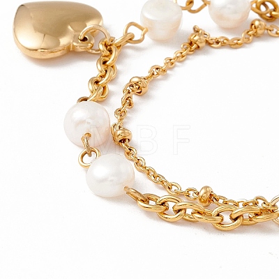 Natural Pearl Beaded and Heart Charm Multi-strand Bracelet with 304 Stainless Steel Chain for Women STAS-P304-27G-1