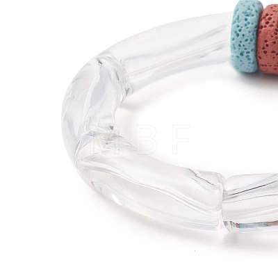 Natural Lava Rock Flat Round & Acrylic Beaded Stretch Bracelet for Women BJEW-JB09253-1