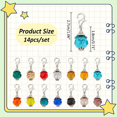 14Pcs 14 Colors Faceted Glass Pendant Locking Stitch Markers HJEW-AB00653-1