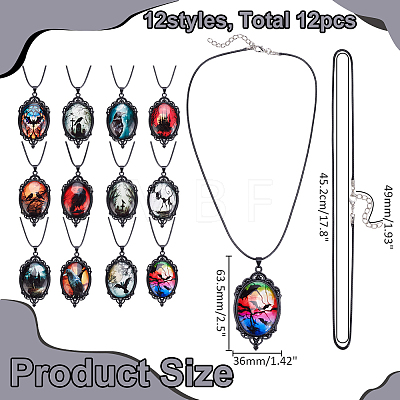 12Pcs 12 Colors Gothic Zinc Alloy & Glass Oval Pendant Black PU Leather Cord Necklaces NJEW-WR0001-08-1