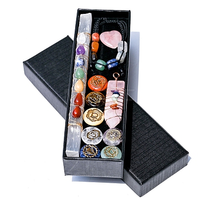 Chakra Gemstone Flat Round Massage Stone & Bracelet & Wire Wrapped Pendant Sets PW-WG28793-01-1