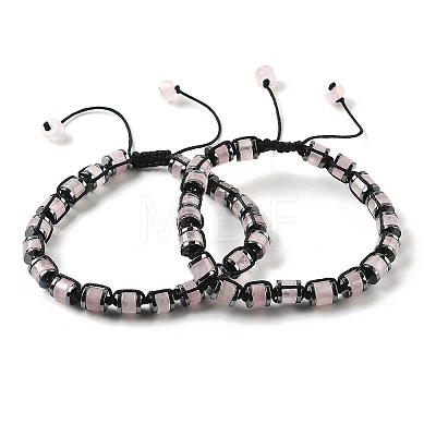 Adjustable Natural Rose Quartz and Non-magnetic Synthetic Hematite Braided Bead Bracelets BJEW-Z090-01B-1