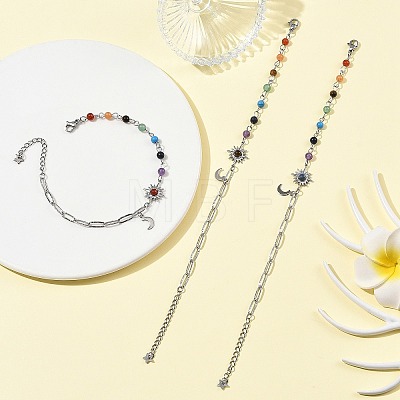 7 Chakra Gemstone Beaded Chain & 304 Stainless Steel Paperclip Chain Bracelets BJEW-JB14411-1