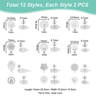 Unicraftale 24Pcs 12 Style Filigree Flower & Flat Round & Teardrop 304 Stainless Steel Stud Earring Findings STAS-UN0047-98-1