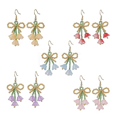 Flower with Bowknot Handmade Glass Seed Beads Dangle Earrings EJEW-MZ00655-1