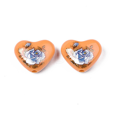 Flower Printed Opaque Acrylic Heart Beads SACR-S305-28-J02-1