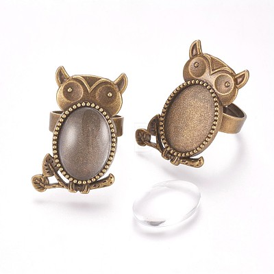 Vintage Adjustable Iron Owl Finger Ring Settings and Alloy Cabochon Bezel Settings FIND-X0010-03AB-1