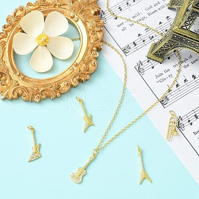 5Pcs 5 Styles Musical Instruments Theme Rack Plating Brass Clear Cubic Zirconia Pendants KK-CJ0005-93-1