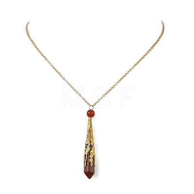 304 Stainless Steel Filigree Natural Carnelian Faceted Pointed Bullet Pendant Brass Cable Chain Necklaces NJEW-JN06568-01-1