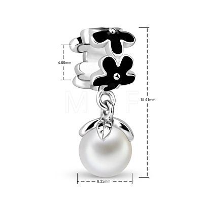 TINYSAND Rhodium Plated 925 Sterling Silver Wildflower Pearl Dangle Charm European Dangle Charms TS-P-019-1