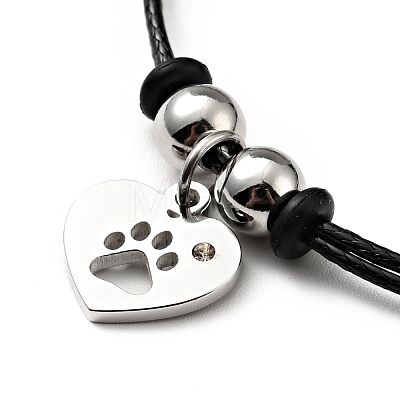 304 Stainless Steel Heart with Paw Print Charm Bracelet with Waxed Cord for Women BJEW-A125-23-1
