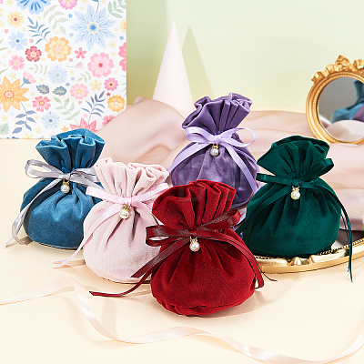 Velvet Jewelry Bags with Drawstring & Plastic Imitation Pearl TP-CJC0001-03H-1