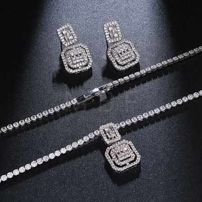 Square Brass Micro Pave Clear Cubic Zirconia Pendant Necklaces & Stud Dangle Earrings Sets FS-WG98D1F-01-1