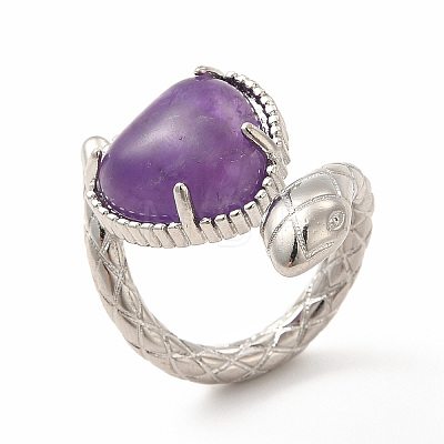 Natural Amethyst Heart with Snake Open Cuff Ring RJEW-P082-02P-14-1