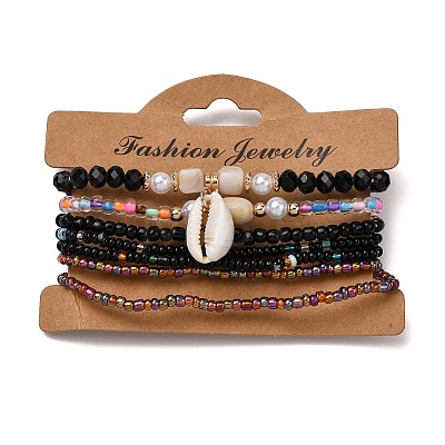 Bohemian Resin & Alloy & Glass Beads & Shell & Plastic Pearls Beaded Stretch Bracelets BJEW-Z169-01E-1